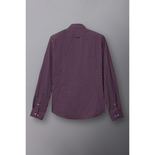 Camicia Uomo 1 Bottone Francese Slim Popeline Stampato Rosso Bordeaux/Bianco