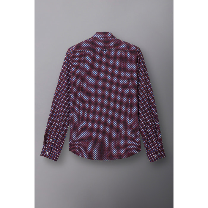 Camicia Uomo 1 Bottone Francese Slim Popeline Stampato Rosso Bordeaux/Bianco