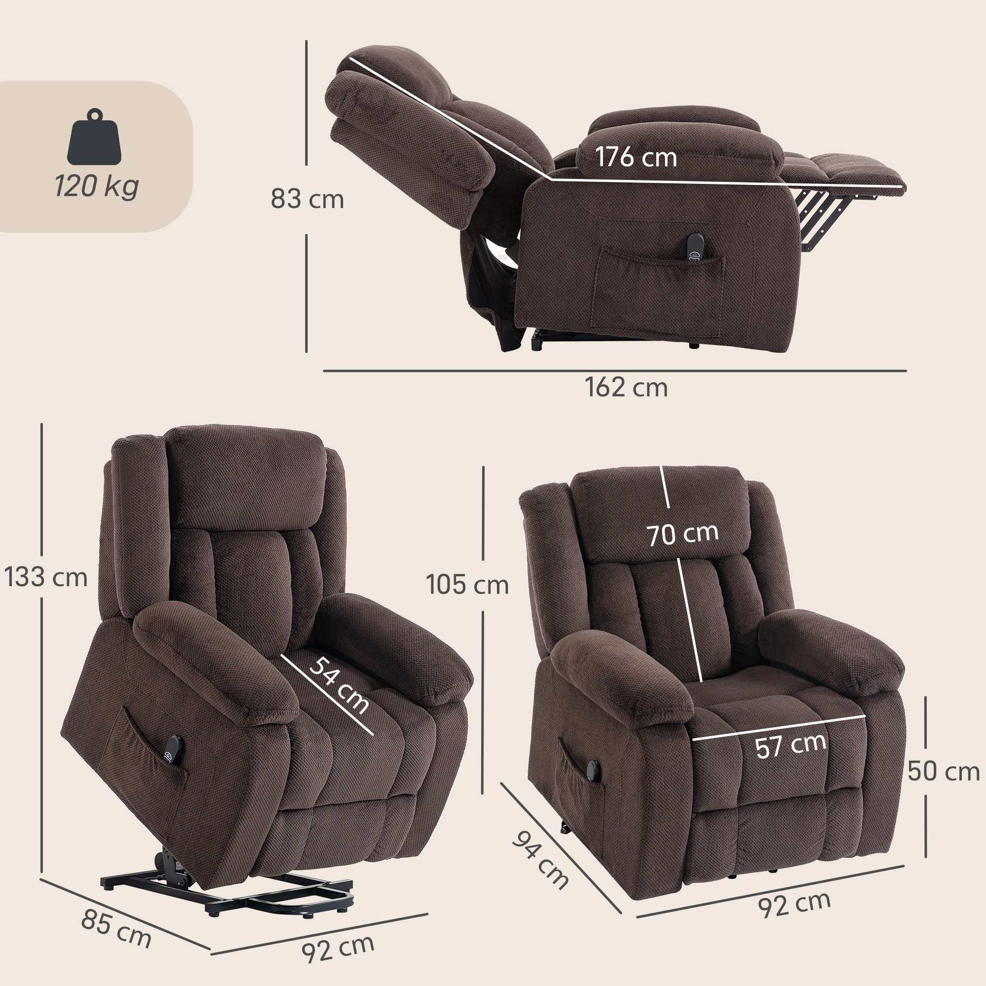 Sillón Relax Reclinable Eléctrico Levanta Personas, con Puerto USB, Sillón Elevador, con Control Remoto, Asiento Ancho, Reposapiés, Tapizado en Terciopelo, Bolsillos Laterales, Marrón