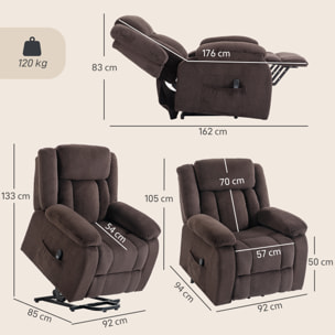 Sillón Relax Reclinable Eléctrico Levanta Personas, con Puerto USB, Sillón Elevador, con Control Remoto, Asiento Ancho, Reposapiés, Tapizado en Terciopelo, Bolsillos Laterales, Marrón