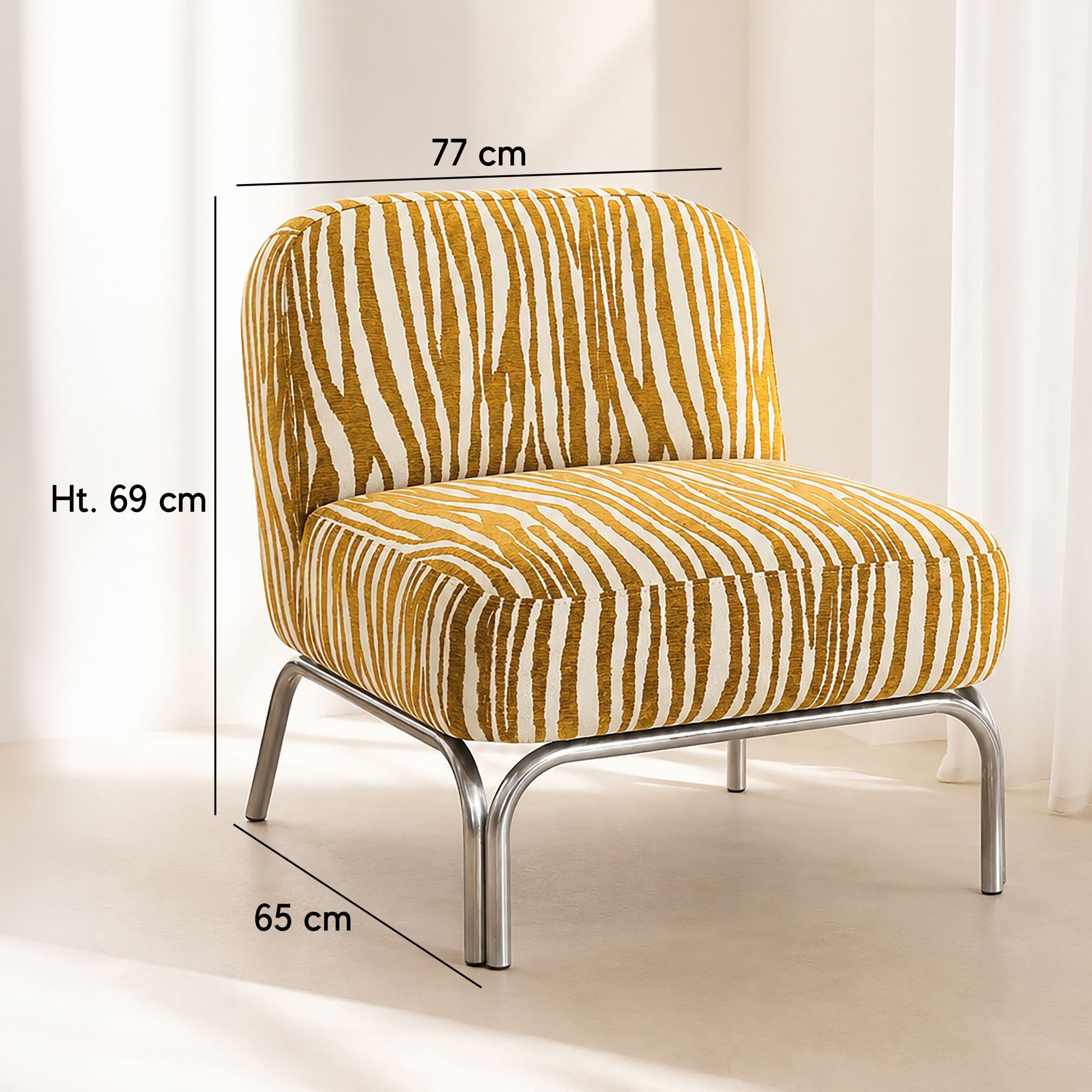 Fauteuil en tissu chenille zebré ocre et pied chromé SAVARA