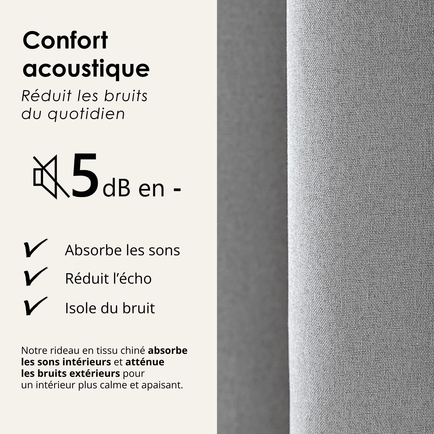 Rideau 100% occultant thermique phonique chiné - Gris clair