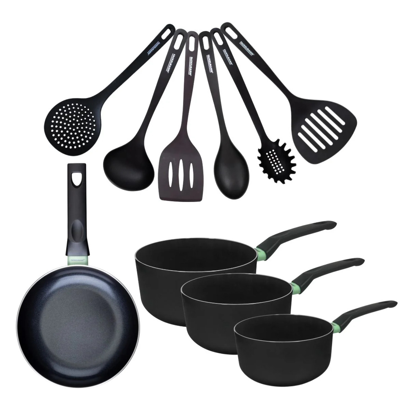 Set de 1 poêle 20 cm, 3 casseroles antiadhésives céramique 16, 18 et 20 cm et 6 ustensiles Fackelmann Brandao