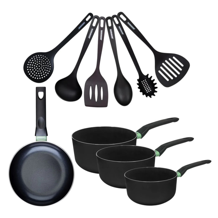 Set de 1 poêle 20 cm, 3 casseroles antiadhésives céramique 16, 18 et 20 cm et 6 ustensiles Fackelmann Brandao