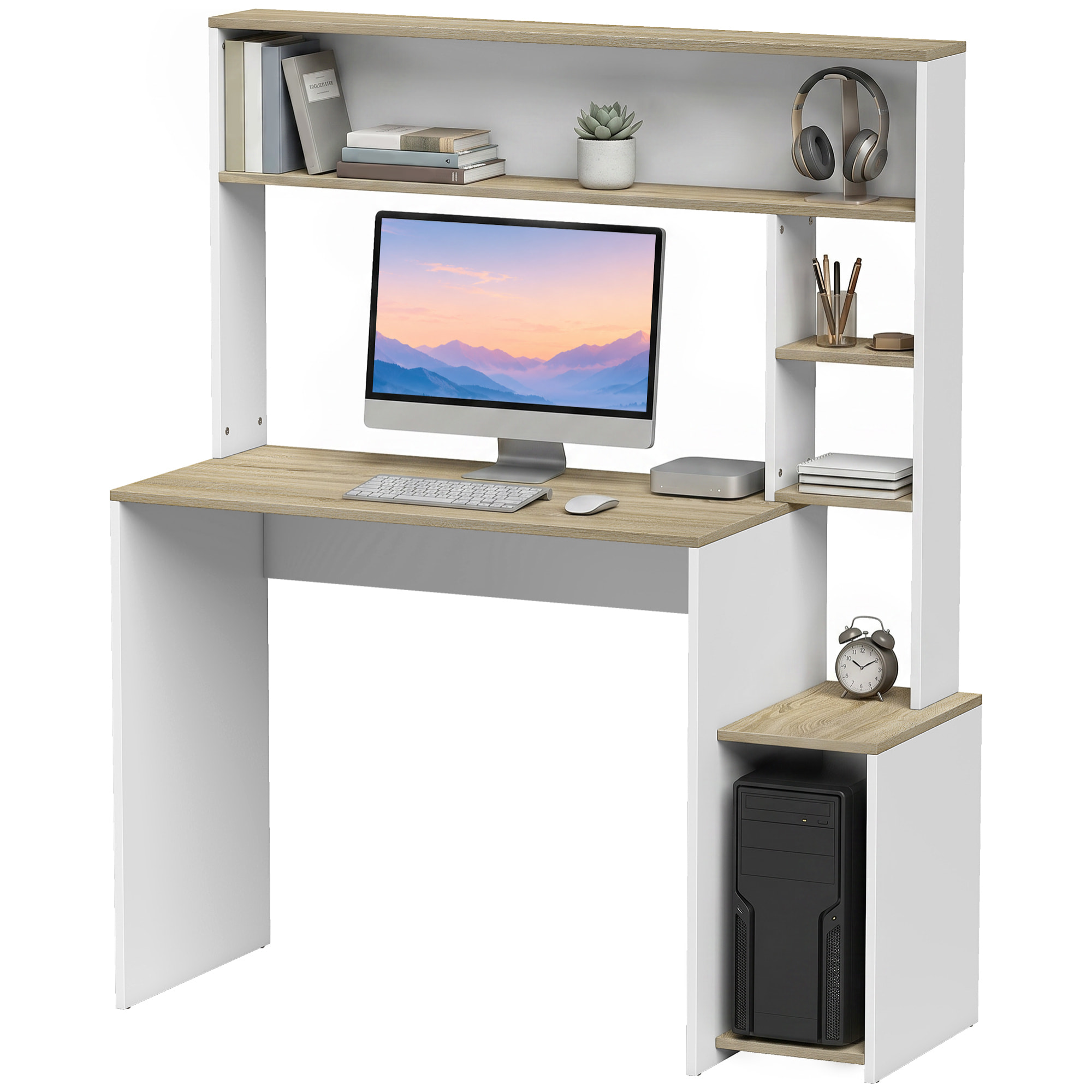 Mesa de Escritorio con Estanterías Mesa de Ordenador Moderna con Estantes Soporte para Monitor CPU de Oficina Estudio 114x45x138 cm Blanco y Natural