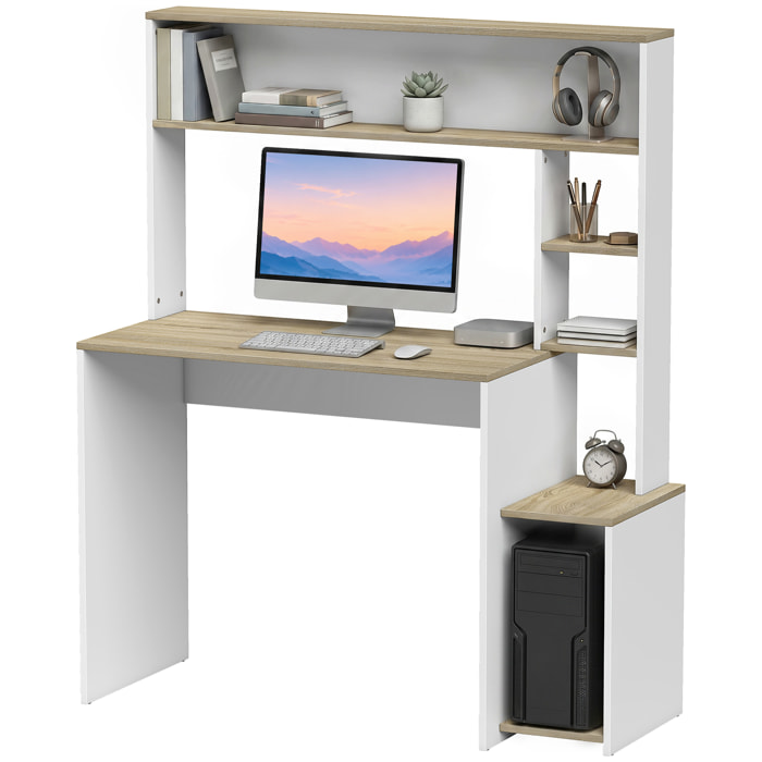 Mesa de Escritorio con Estanterías Mesa de Ordenador Moderna con Estantes Soporte para Monitor CPU de Oficina Estudio 114x45x138 cm Blanco y Natural