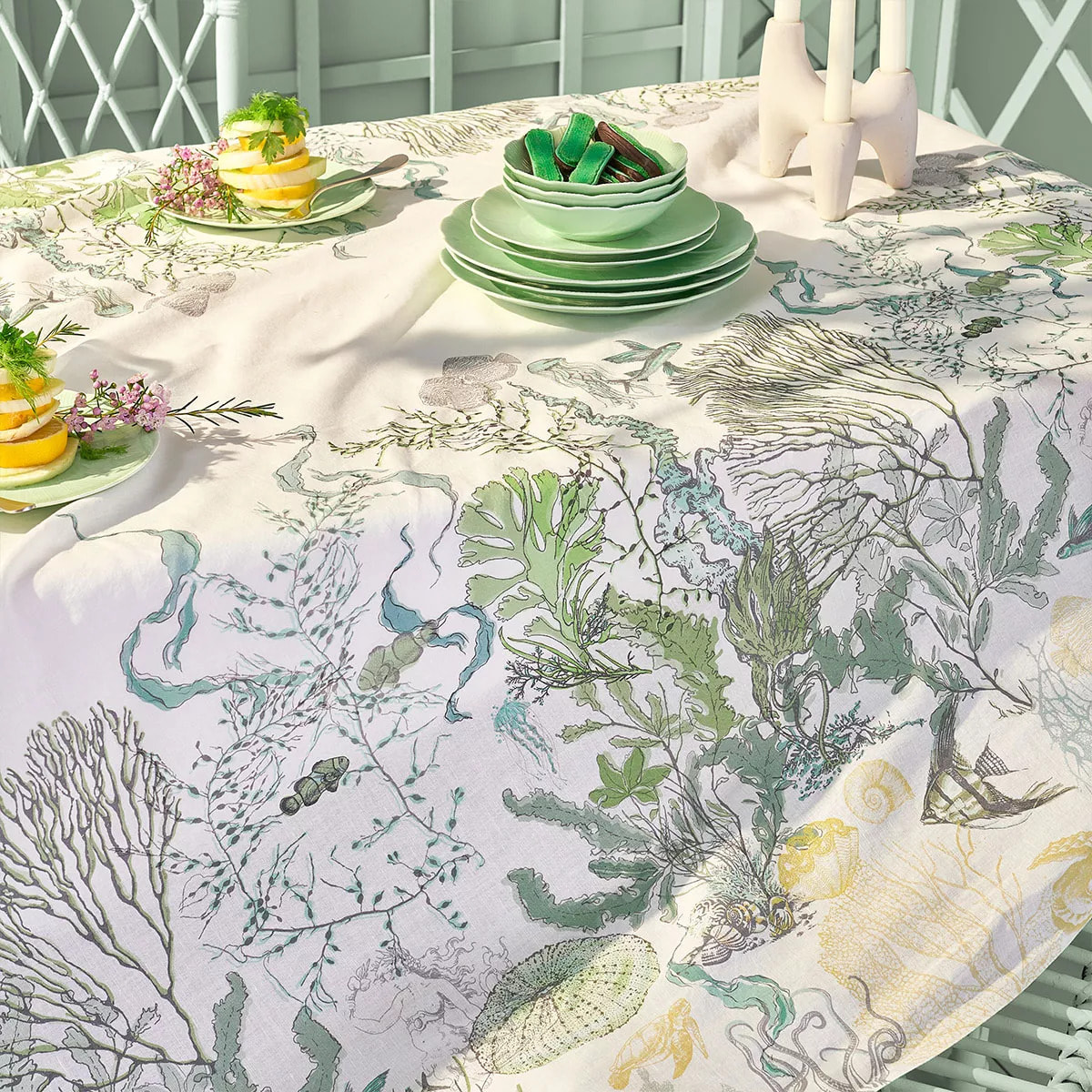 Nappe lin & coton lavé 150 g/m² imprimé blanc bleu vert Balade marine verde