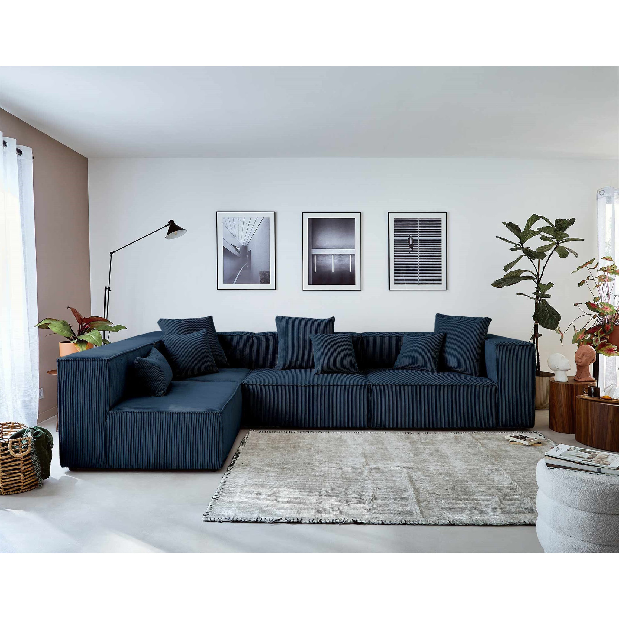 Colombine - canapé modulable d'angle gauche - 6 places - en velours côtelé - Bleu nuit