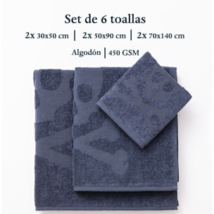 Set 6 de toallas de baño calavera (2x tocador 30x50cm + 2x manos 50x90cm + 2x baño 70x140cm) 100%algodón azul scalpers home
