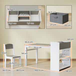 Table enfant avec 2 chaises en bois rouleau de papier étagères tiroirs blanc gris