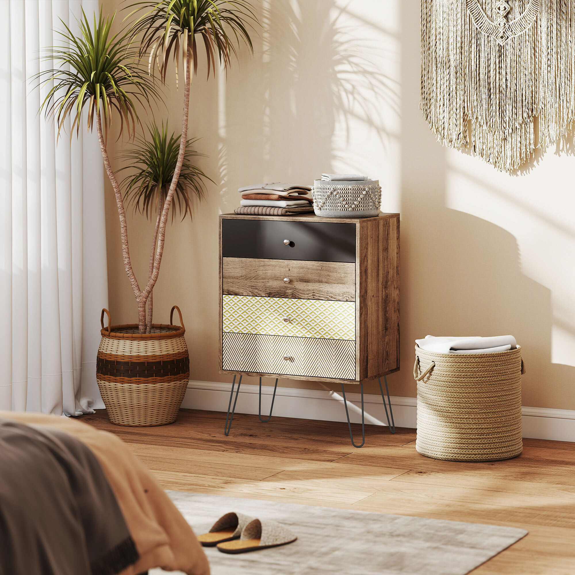Cómoda 4 Cajones, Cómoda Dormitorio, con Patas de Horquilla de Acero, Cajonera para Salón, Oficina, Estilo Bohemio, 60x39x86 cm, Multicolor