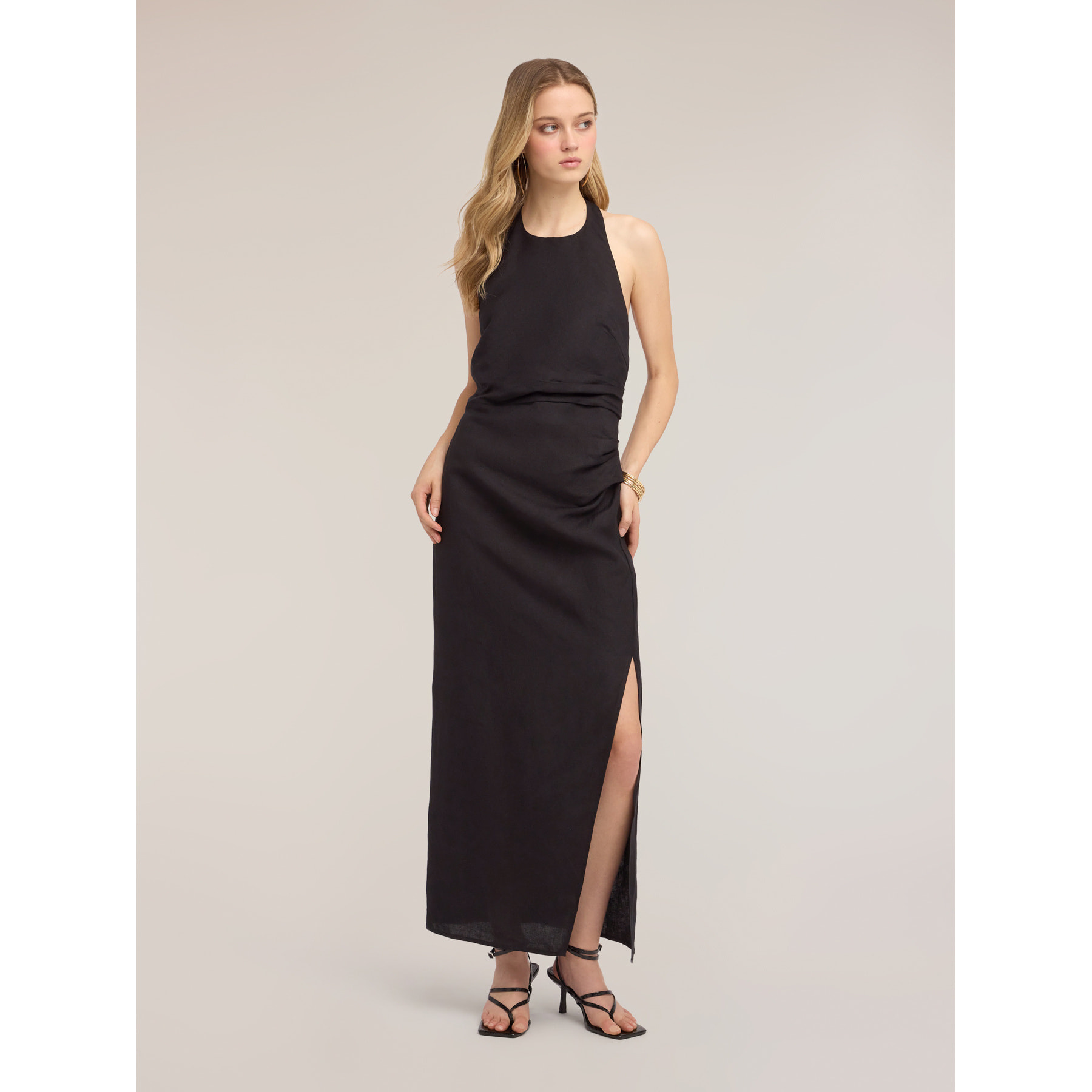 Motivi - Vestido largo en mezcla de lino con drapeado - Negro