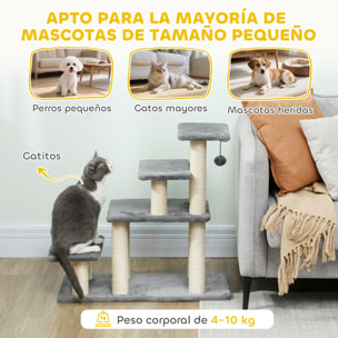 Escalera para Mascotas Ajustable de 3/4 Peldaños, Escalera para Gatos con Postes Rascadores, Bola Colgante, para Cama, Sofá, Alféizares, Gris