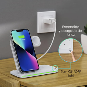 Base di ricarica wireless pieghevole 3 in 1. Base Qi da 15 W a doppia posizione, caricabatterie per Apple Watch e base Qi. Con luce ambientale. Funzione supporto.