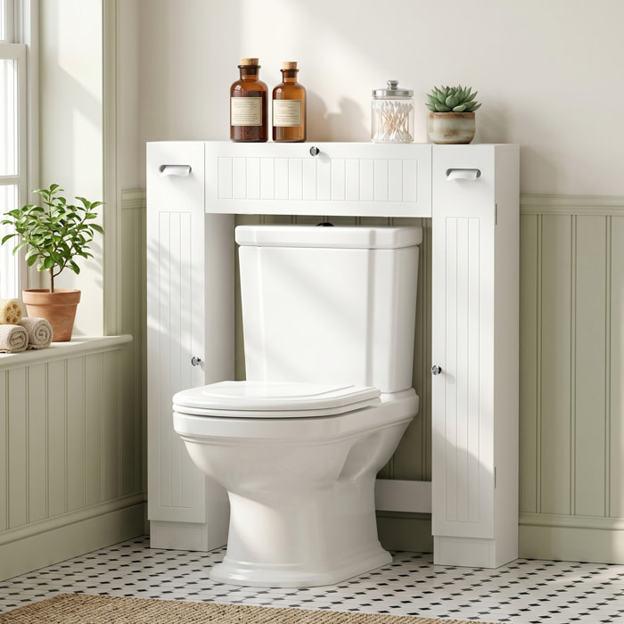 Mueble sobre Inodoro, Armario sobre Inodoro, Mueble de Baño con 2 Armarios Laterales, Cajón Abatible, Portapapeles, Estantes Ajustables, para Lavanderías, Espacios Pequeños, 88x18x98 cm, Blanco
