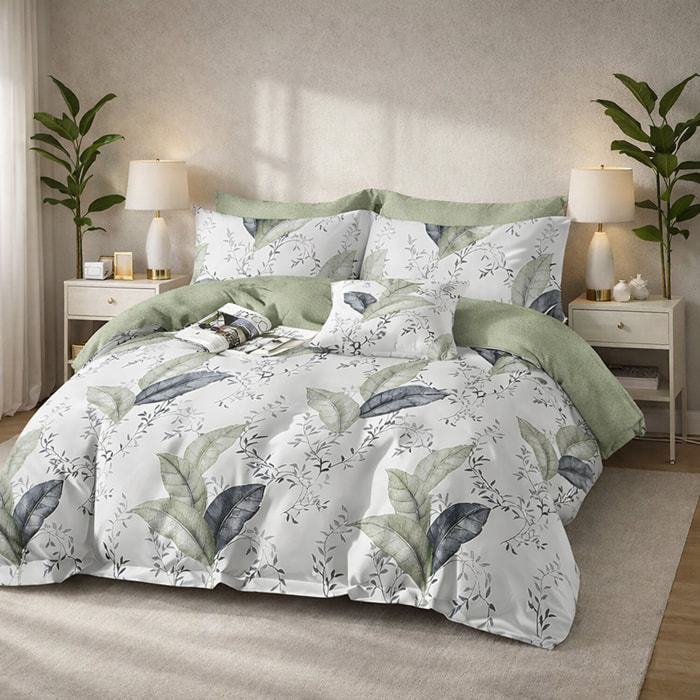 Parure housse de couette 100% percale de coton - imprimé feuillage vert