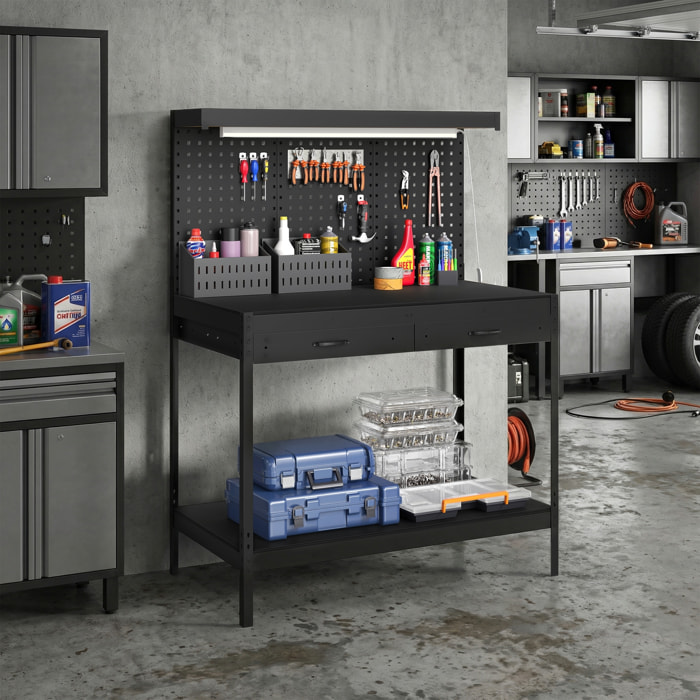 Banco de Trabajo, Carga 272 kg, 110x60x150 cm, Mesa de Trabajo con Tableros Perforados Metálicos, Toma de Corriente, Luces LED, 2 Cajones y Estantes, para Garaje y Taller, Negro