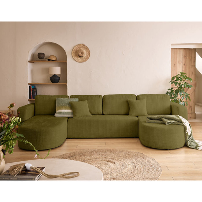 Miro - canapé panoramique en U 7 places - convertible avec coffre - en velours texturé - Vert Olive