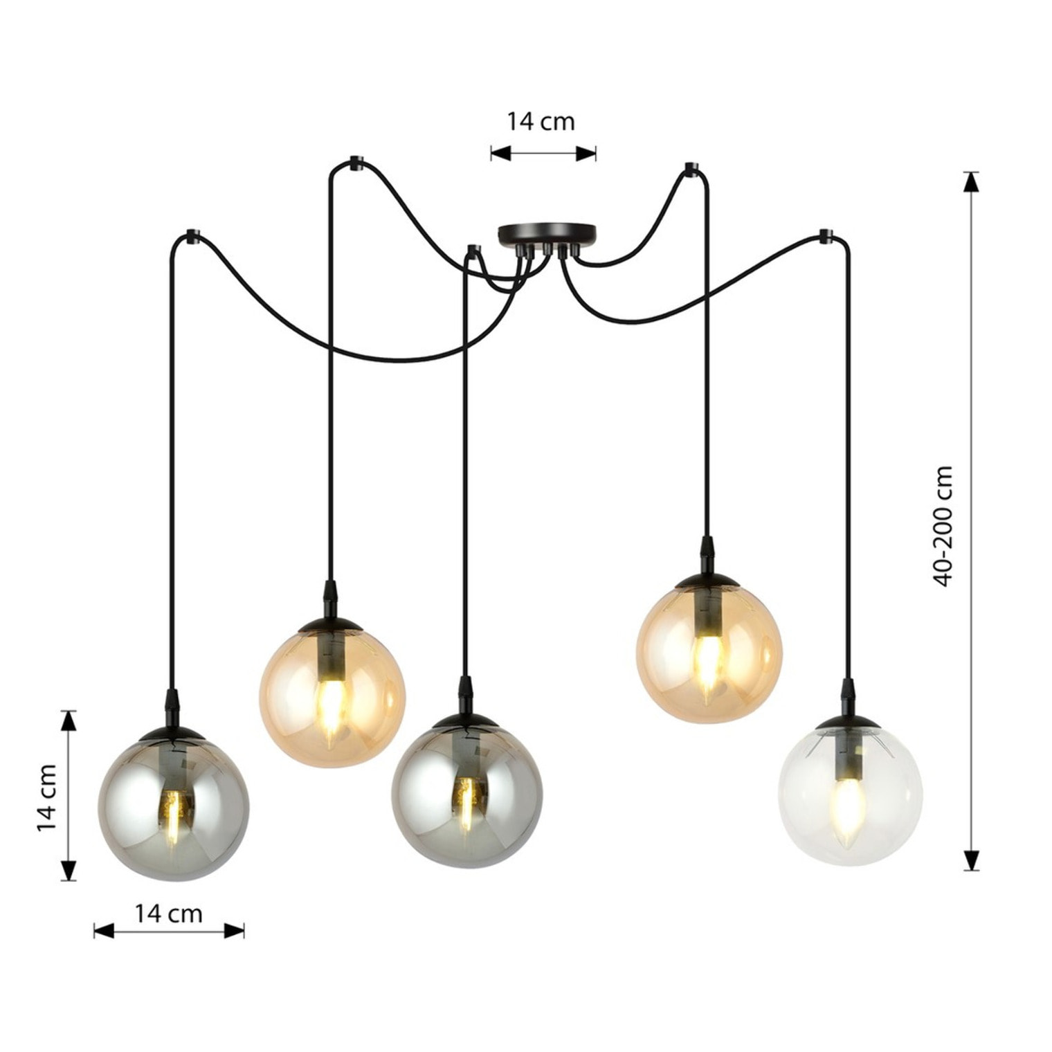 Lampada a sospensione GIGI 5 in acciaio nero e vetro mix