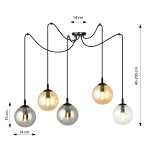 Lampada a sospensione GIGI 5 in acciaio nero e vetro mix
