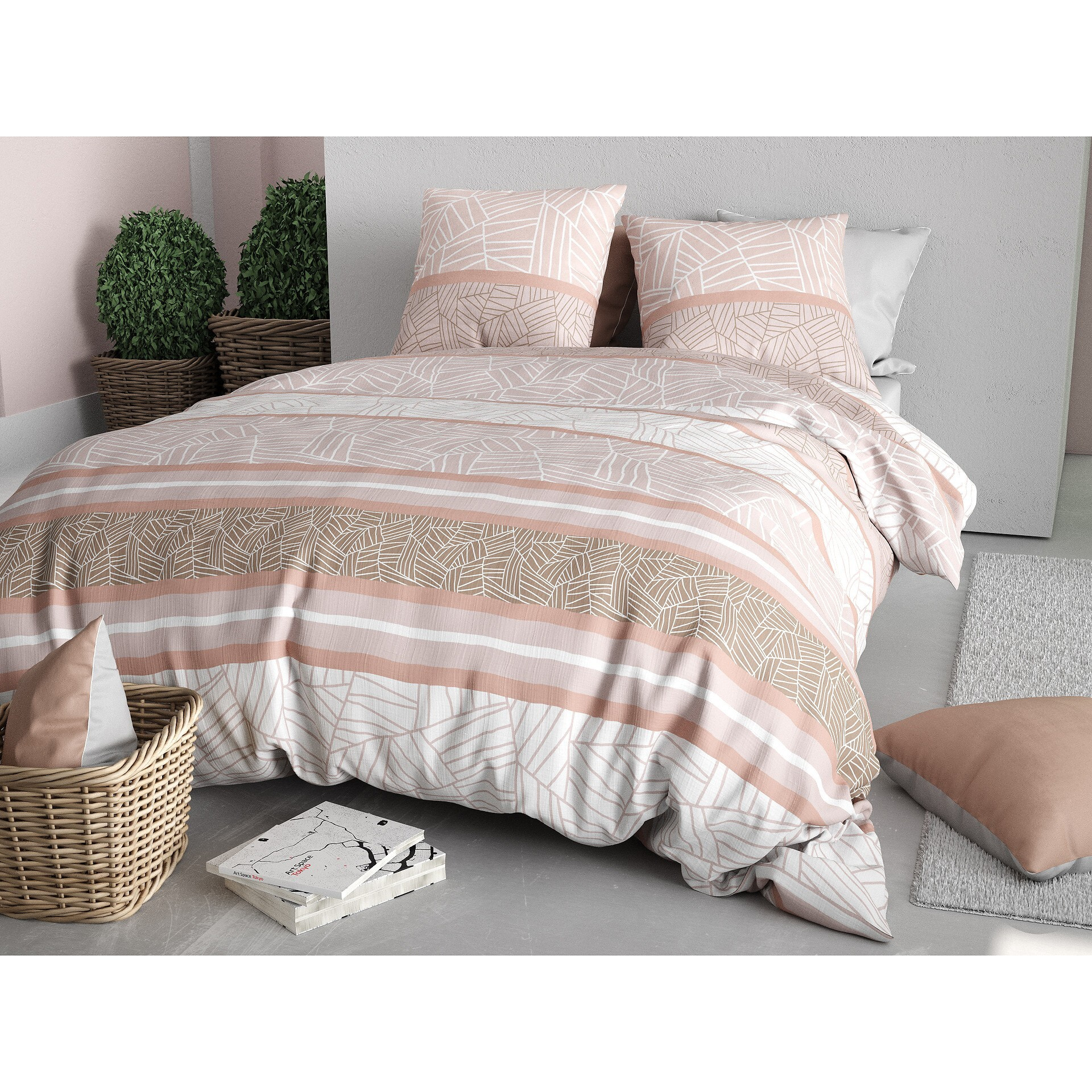 Parure housse de couette imprimée 220x240cm + 2 Taies 100% coton 57fils TRINE