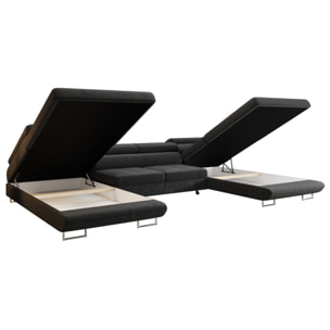 Ayden - Canapé panoramique en U 7 places convertible avec coffre et têtières réglables en tissu - Gris