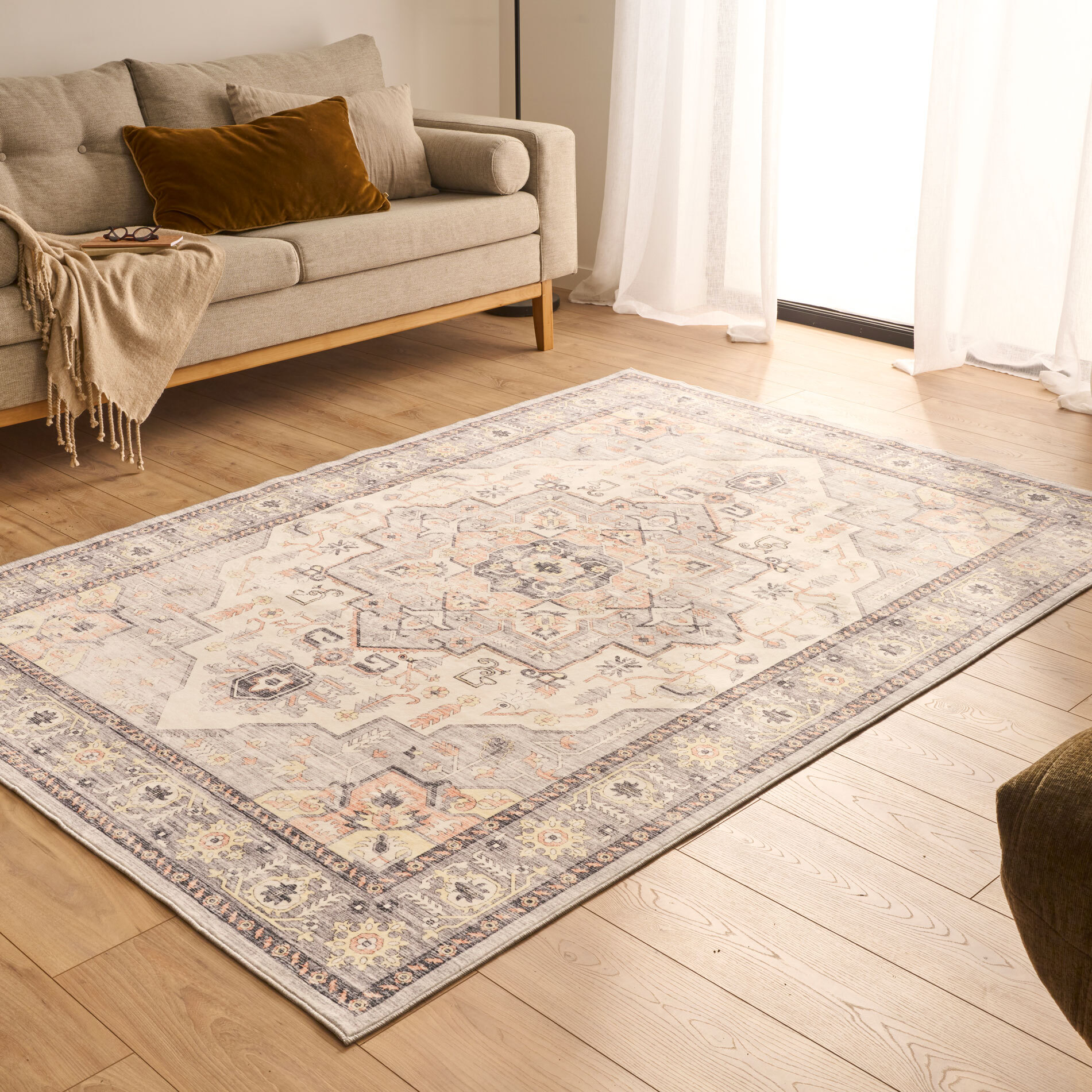 OTTOMAN - Tapis à poils courts doux à motif oriental gris