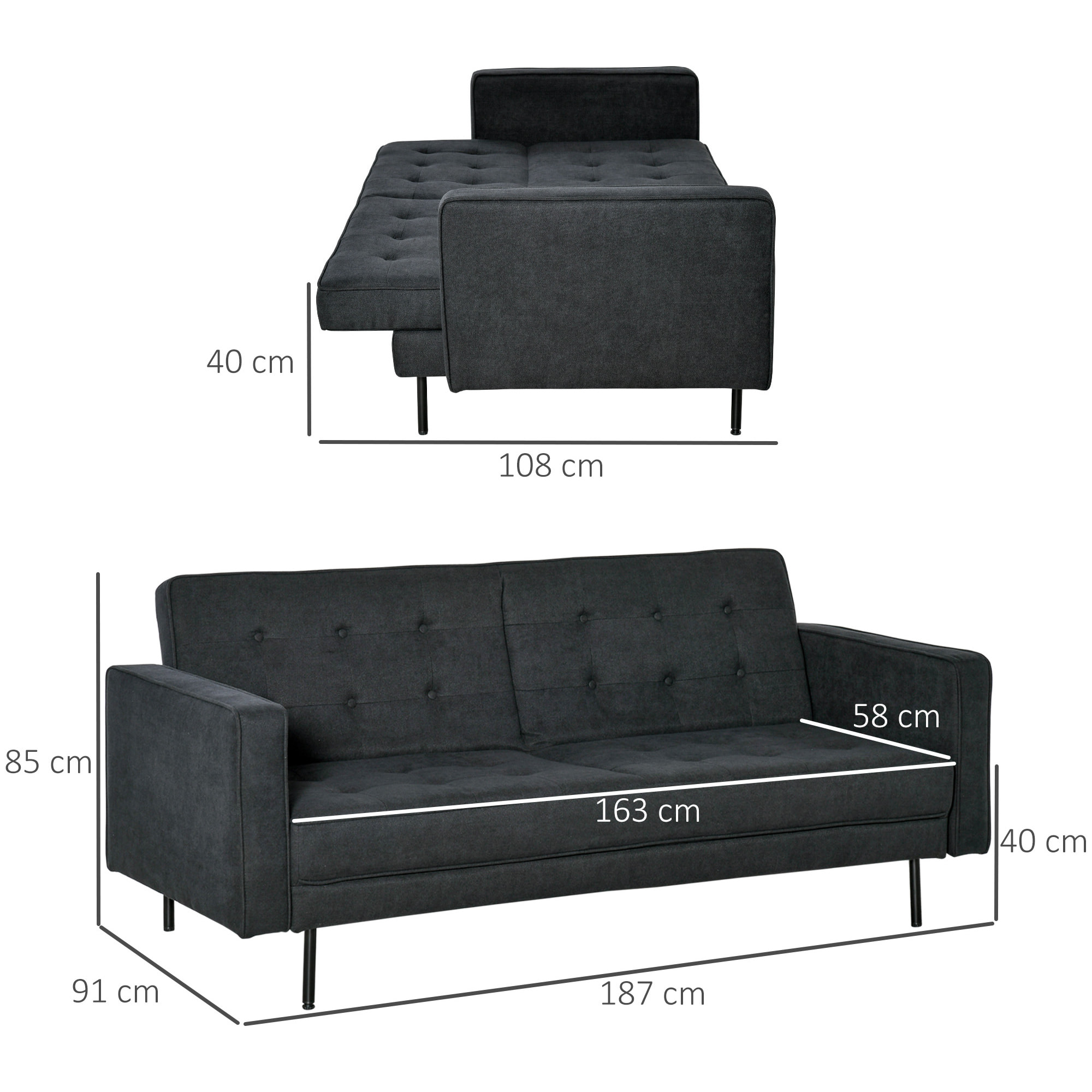 Canapé convertible 2 places style Chesterfield capitonné dossier inclinable 3 positions tissu gris foncé