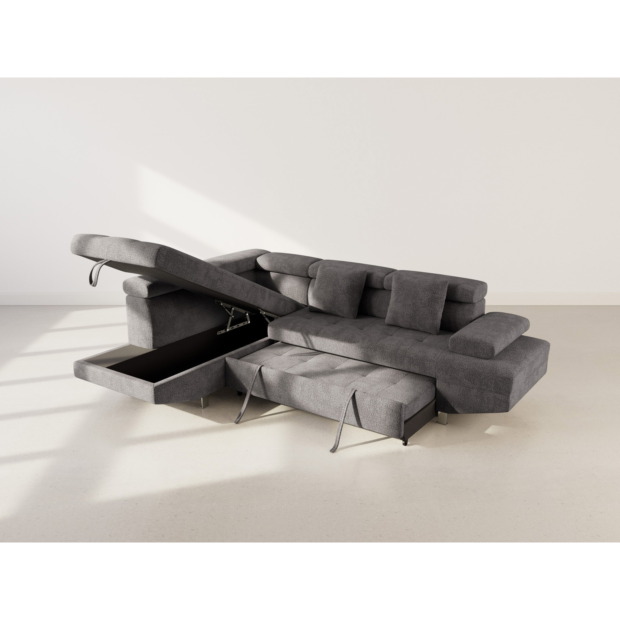 Margaux - Canapé d'angle gauche 5 places convertible avec coffre et têtières réglables en velours texturé - Gris