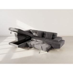 Margaux - Canapé d'angle gauche 5 places convertible avec coffre et têtières réglables en velours texturé - Gris