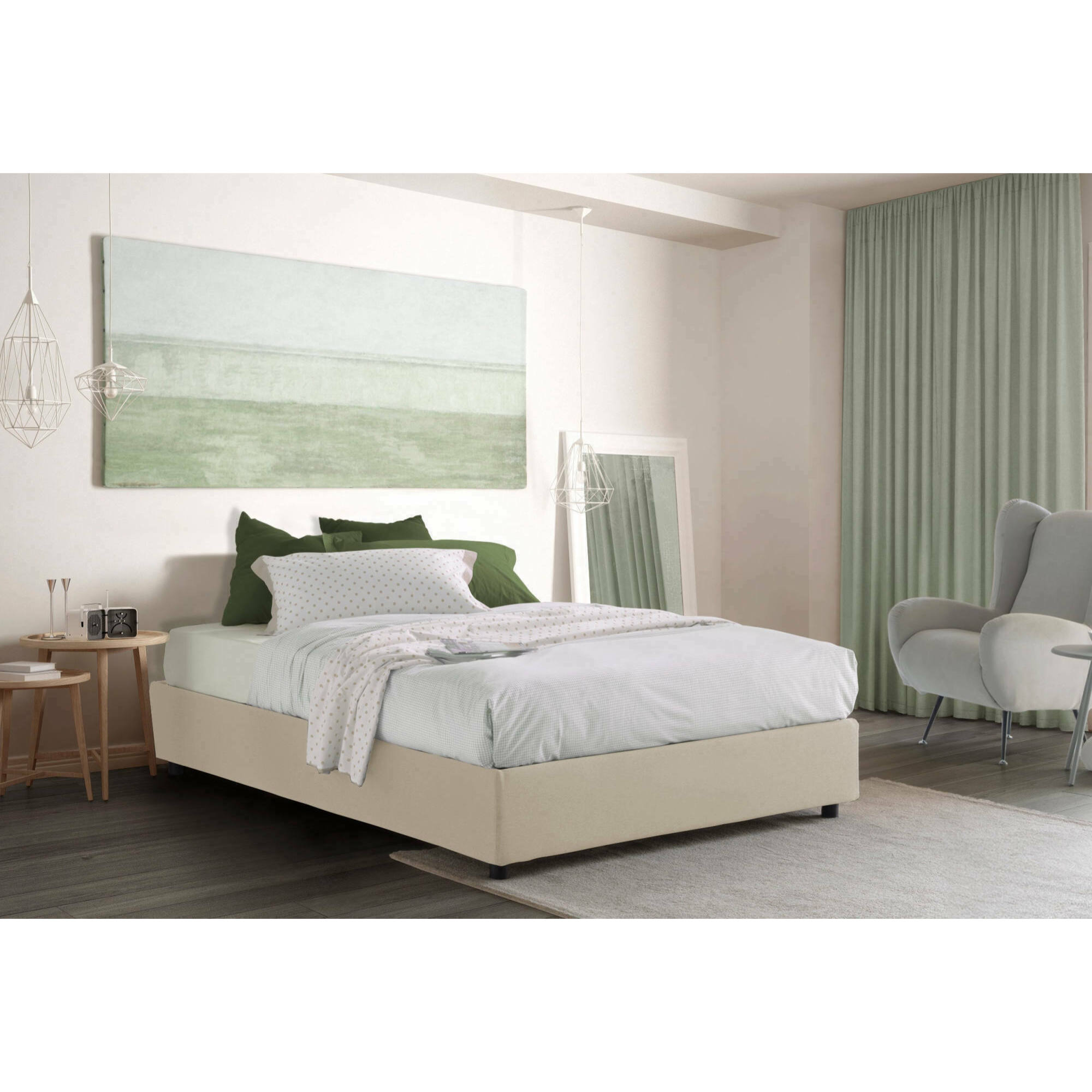 Letto matrimoniale Alessander, Letto contenitore con rivestimento in tessuto, 100% Made in Italy, Apertura frontale, con materasso Cm 160x200 incluso, Beige