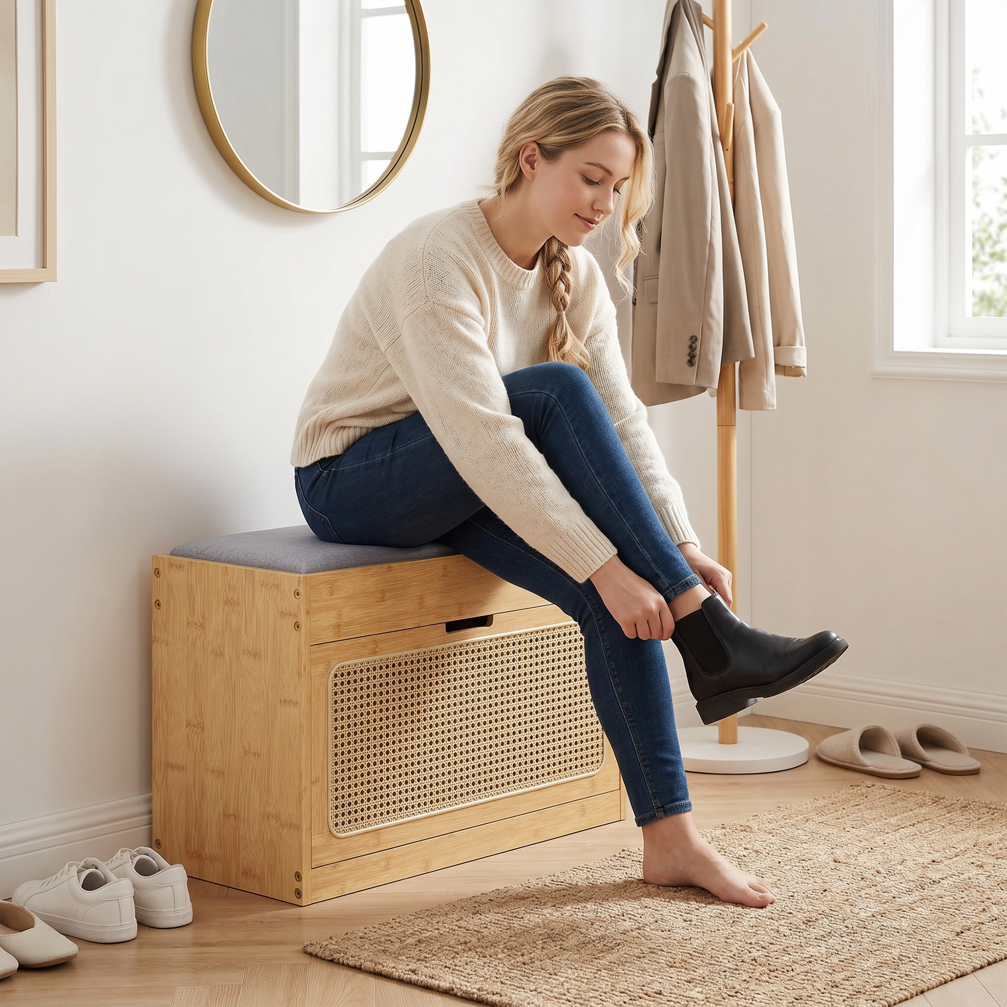 Banco Zapatero, Banco Recibidor con Asiento Acolchado, Cajón Abatible, Puerta de Ratán, Estante Ajustable, para Entrada, Pasillo, Salón, 63x29x48 cm, Natural y Gris