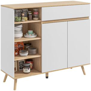 Buffet design scandinave 2 portes tiroir coulissant 4 niches piètement bois de pin panneaux blanc aspect chêne clair