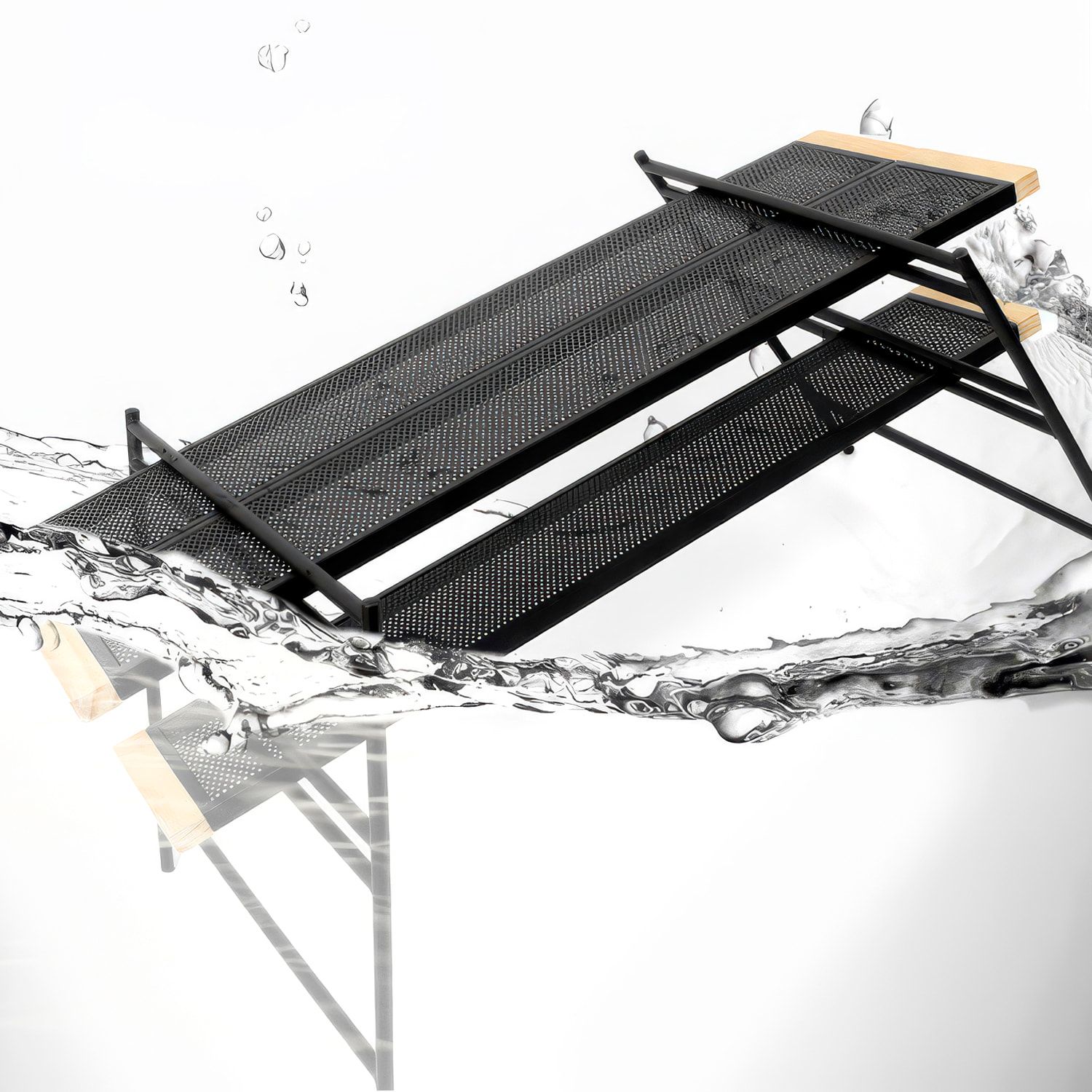 Mesa modular T2 plegable y resistente con estructura de hierro, esquinas de haya, múltiples configuraciones de montaje y funda de transporte incluida.
