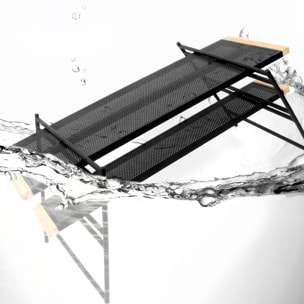 Mesa modular T2 plegable y resistente con estructura de hierro, esquinas de haya, múltiples configuraciones de montaje y funda de transporte incluida.