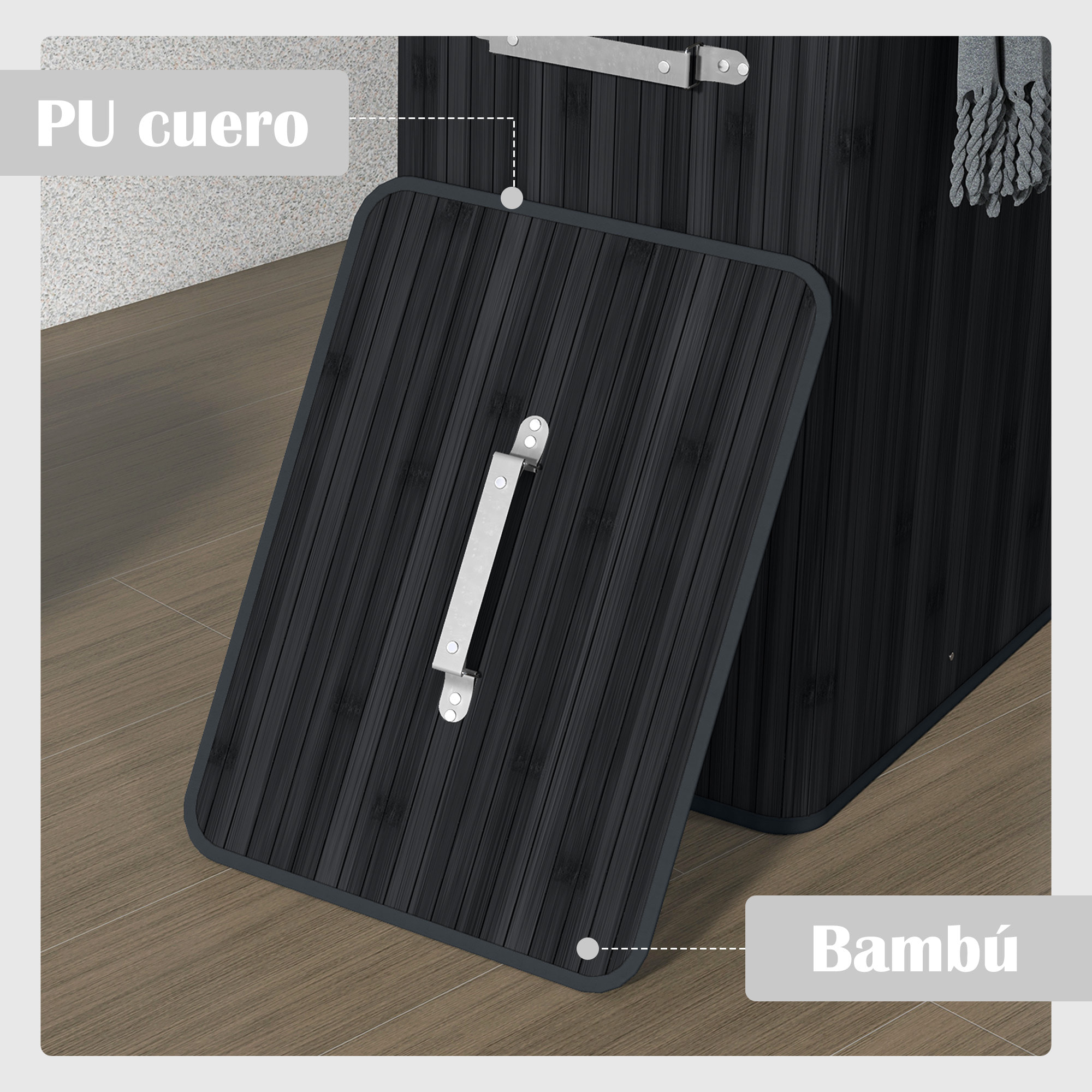 Cesto para Ropa Sucia Plegable de Bambú Cesto para Ropa Sucia con Tapa Asas y Bolsa Extraíble para Baño 40x30x60 cm Negro