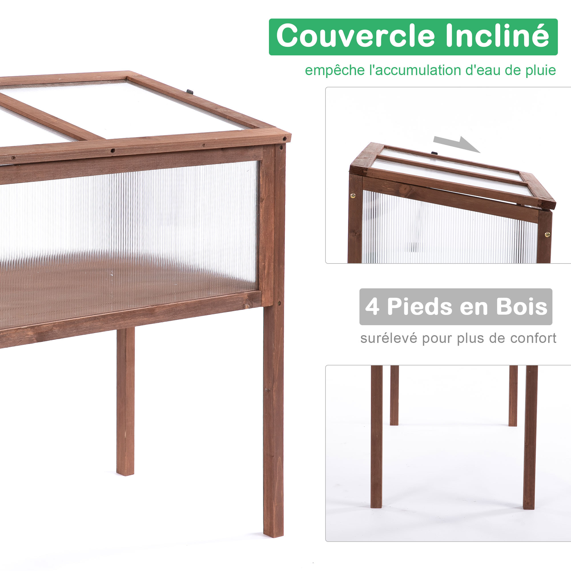 Mini serre sur pieds dim. 90L x 50l x 93H cm toit ouvrable panneaux de polycarbonate bois sapin traité