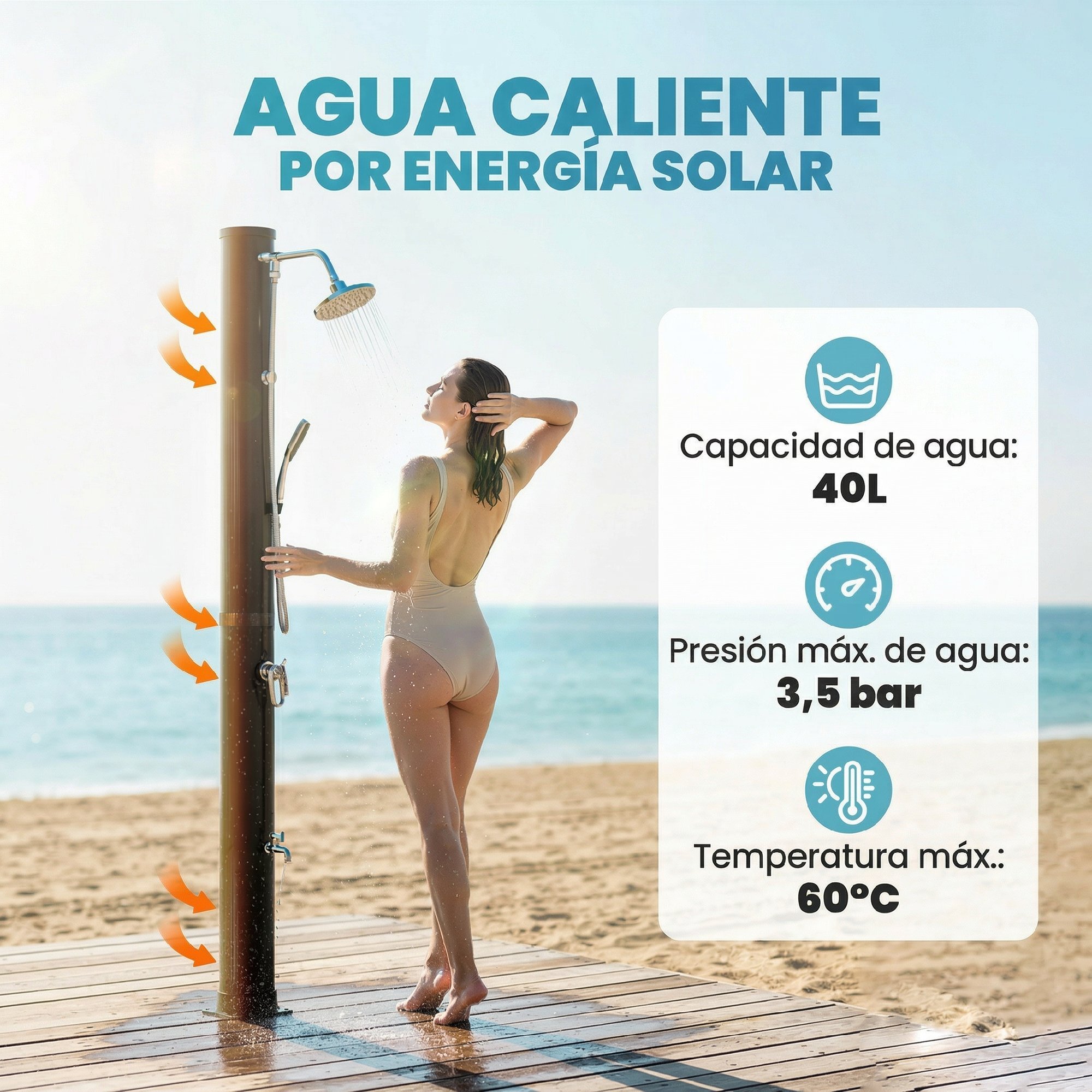 Ducha Solar de Jardín 40L Ducha Solar Exterior con Cabezal Rociador de Mano Grifo de Pies Agua Fría y Caliente Máx. 60 °C Conexión Manguera para Piscina Camping Patio 19,5x19,5x218,5 cm Negro