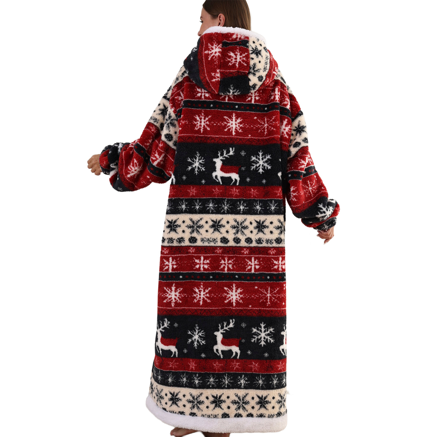 Bata estilo sudadera y manta de felpa extrasuave. Triple bolsillo frontal tipo canguro. Diseño reno navideño tipo largo.