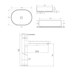 DARK mitigeur lavabo XL, or brossé + Ceramia PixL 50x36,5x12 cm vasque à poser, sans trop-plein, blanc (SAT285PBZCEPX5037)
