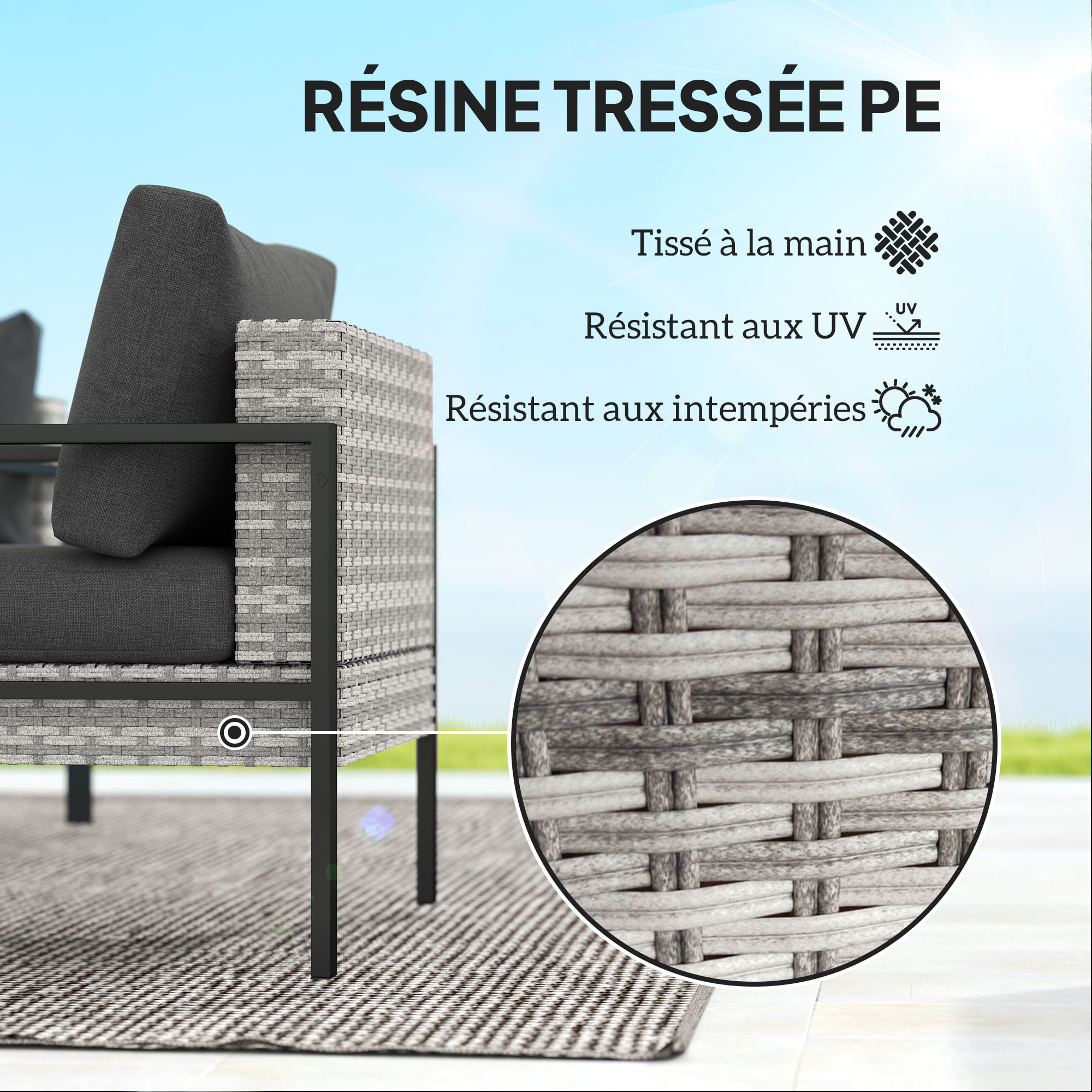 Ensemble salon de jardin 5 places 4 pièces coussins anthracite métal époxy noir résine tressée 2 fils gris