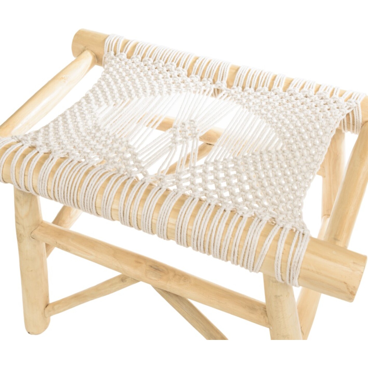 WILL - Tabouret en branches de teck naturel assise en macramé blanc