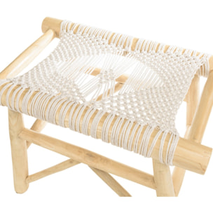 WILL - Tabouret en branches de teck naturel assise en macramé blanc
