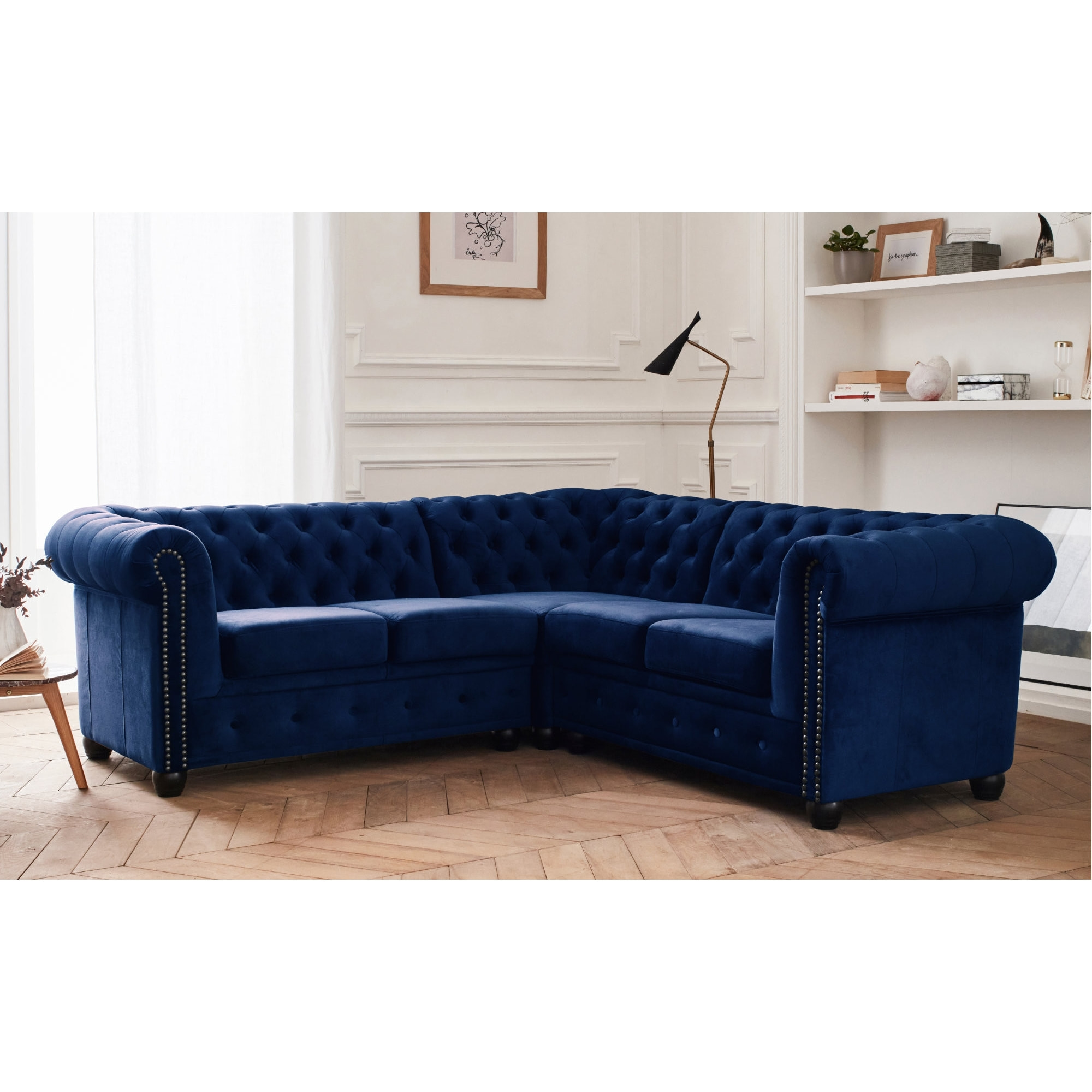 William - canapé Chesterfield d'angle réversible - 5 places - en velours - Bleu nuit