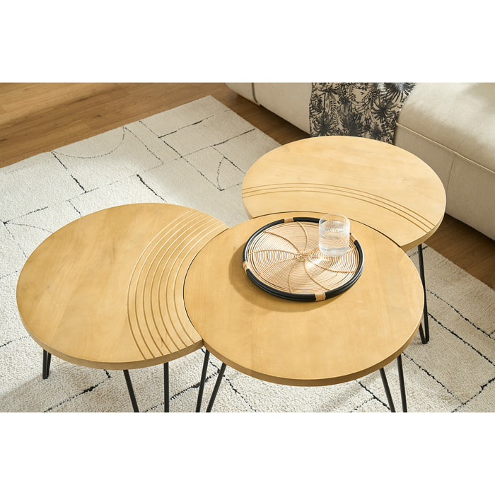 Tables basses gigognes gravées bois manguier massif et métal noir (lot de 3) VIBES