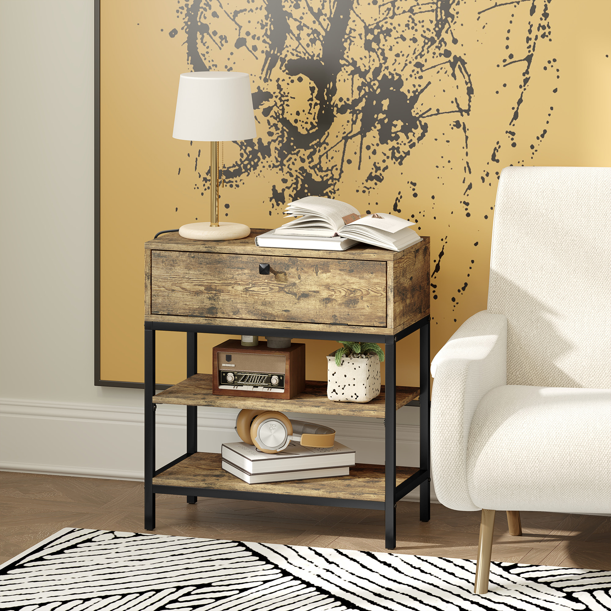 Mesa Auxiliar con Estación de Carga Mesita Auxiliar Industrial con Cajón y Estantes Abiertos Mesa Auxiliar para Salón Dormitorio Marrón Rústico