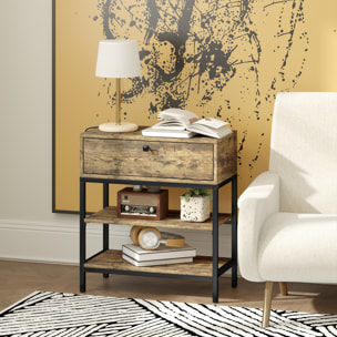 Mesa Auxiliar con Estación de Carga Mesita Auxiliar Industrial con Cajón y Estantes Abiertos Mesa Auxiliar para Salón Dormitorio Marrón Rústico