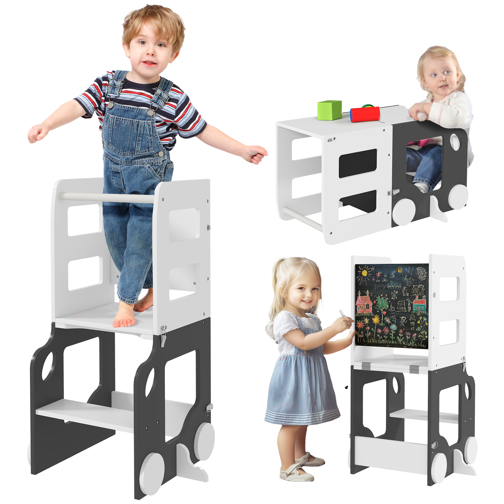 Torre de Aprendizaje 4 en 1 Taburete de Aprendizaje para Niños de +3 Años en Forma de Coche Convertible en Mesa y Silla con Pizarra de Doble Cara Barra de Seguridad 58x46x92 cm Blanco y Gris