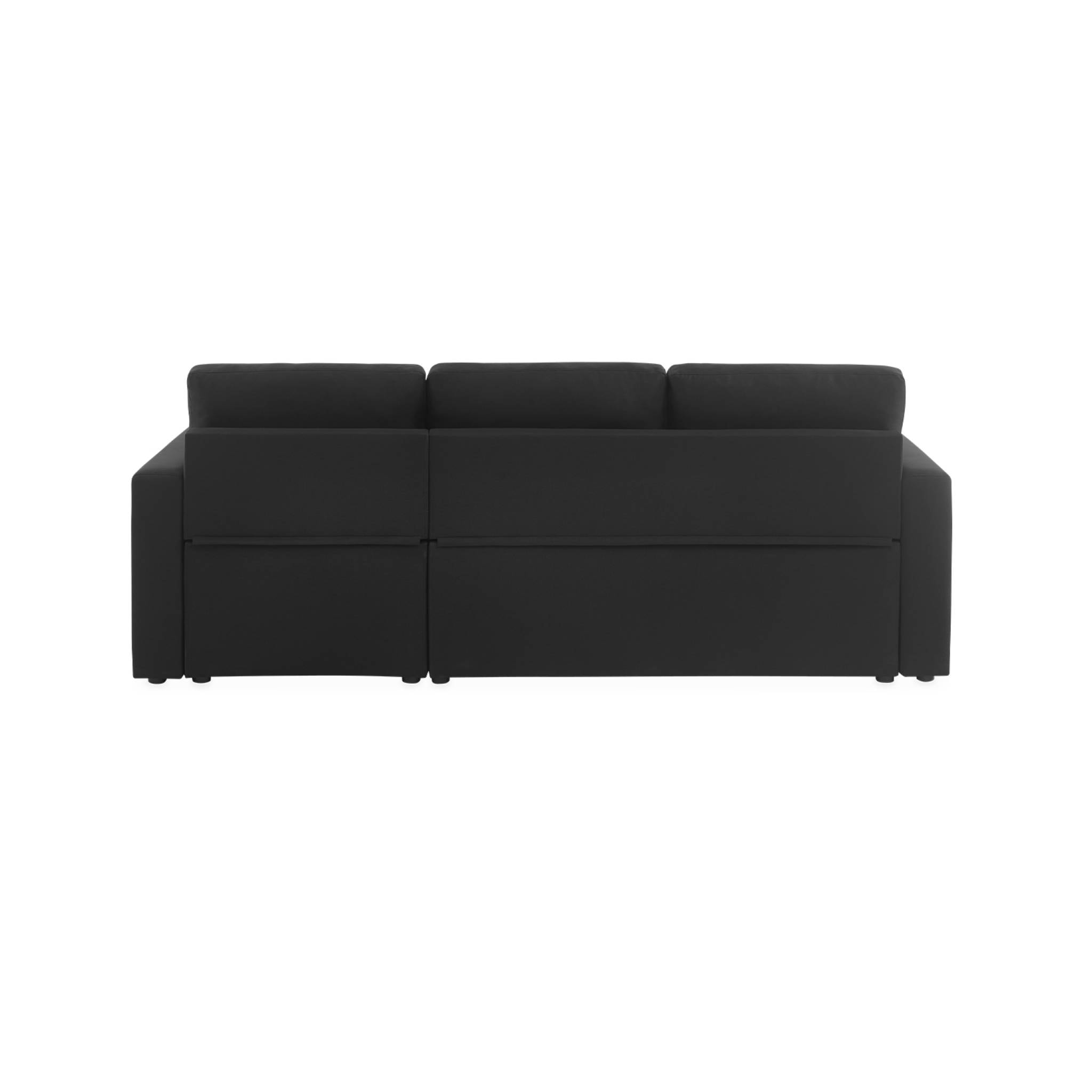 Canapé d'angle SMILE convertible réversible compact 3 places en tissu noir. L 213.5 x P 136.5 x H 83cm. avec coffre de rangement