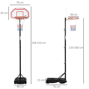 Panier de Basket-Ball sur pied avec poteau panneau - base de lestage sur roulettes - hauteur réglable 5 niveaux 2,45-2,95 m - acier HDPE noir blanc